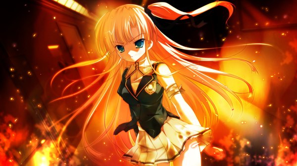 Anime picture 1280x720 with root double sannomiya louise yui long hair blue eyes blonde hair wide image game cg one side up girl uniform ribbon (ribbons) hair ribbon school uniform fire