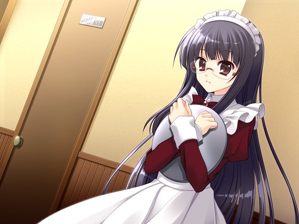 Anime picture 1600x1200 with long hair black hair purple eyes game cg maid girl glasses
