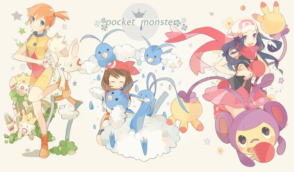Anime picture 1074x630 with pokemon nintendo dawn (pokemon) may (pokemon) misty (pokemon) altaria togepi swablu ambipom togetic kashi (number) long hair looking at viewer short hair open mouth blue eyes black hair smile brown hair wide image