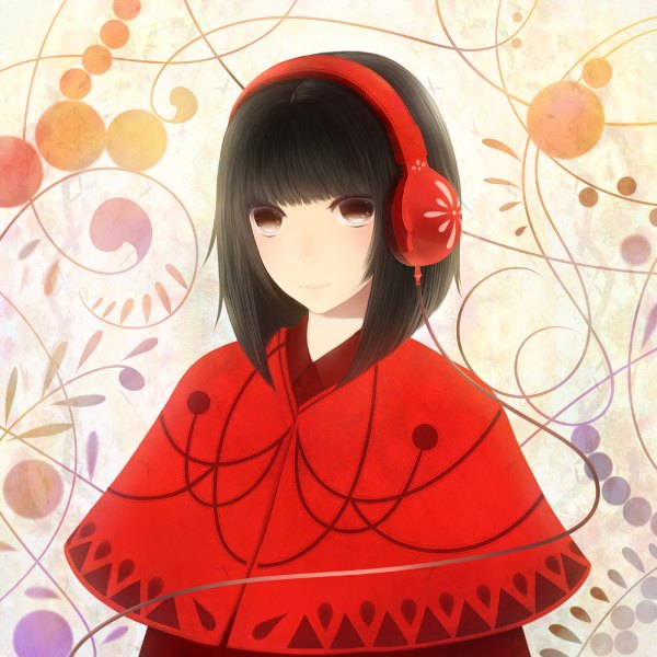 Anime picture 1200x1200 with bounin single short hair black hair smile black eyes girl headphones wire (wires)