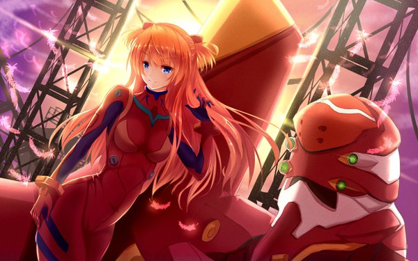 Anime picture 2880x1800 with neon genesis evangelion gainax soryu asuka langley eva 02 bakanoe single long hair looking at viewer fringe highres breasts blue eyes smile sky outdoors light smile sunlight orange hair two side up dutch angle