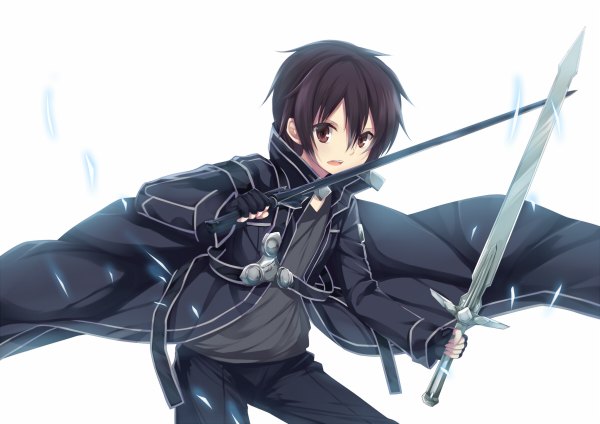 Anime picture 1200x848 with sword art online a-1 pictures kirigaya kazuto liong (artist) single short hair open mouth black hair simple background white background brown eyes boy weapon sword cloak