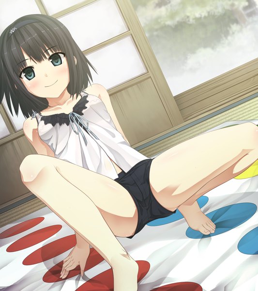 Anime picture 2560x2880 with monobeno alishima alice cura tall image blush highres short hair blue eyes light erotic black hair smile game cg barefoot legs girl shorts hairband twister