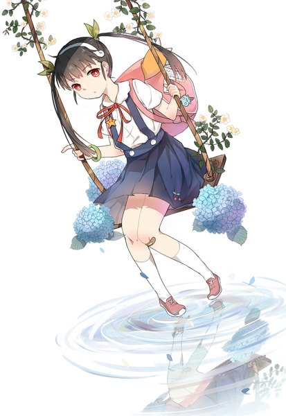 Anime picture 1328x1929 with bakemonogatari hachikuji mayoi chiju single long hair tall image looking at viewer red eyes brown hair sitting twintails reflection girl uniform hair ornament flower (flowers) school uniform water bracelet backpack
