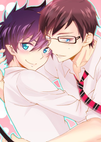 Anime picture 1000x1409 with ao no exorcist a-1 pictures okumura rin okumura yukio tall image looking at viewer blush short hair blue eyes smile brown hair blue hair purple hair aqua eyes light smile from behind mole multiple boys couple hug