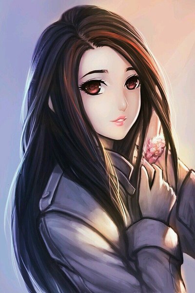 Anime-Bild 600x900 mit chaosringen single long hair tall image looking at viewer simple background brown eyes parted lips multicolored hair lips realistic two-tone hair gradient background dark hair girl jacket