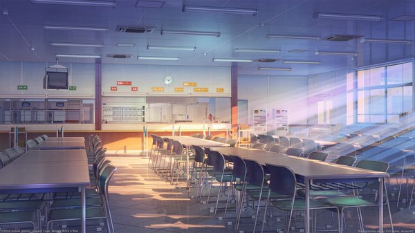 Anime picture 1920x1080 with love money rock'n'roll arsenixc vvcephei highres wide image signed indoors sunlight shadow copyright name no people sunbeam collaboration window building (buildings) chair table clock desk tiles