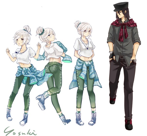 Anime picture 3779x3507 with league of legends riven (league of legends) talon (league of legends) yosuki (artist) highres short hair black hair simple background smile white background yellow eyes absurdres grey hair black eyes bare belly hair bun (hair buns) clothes on shoulders multiple persona clothes around waist girl