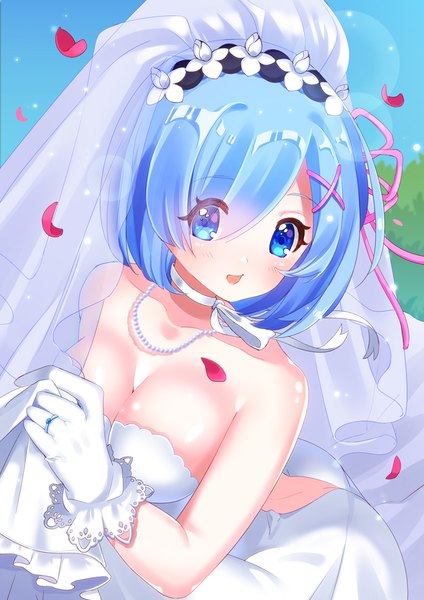 Anime picture 800x1132 with re:zero kara hajimeru isekai seikatsu white fox rem (re:zero) fujishiro kokoa single tall image looking at viewer blush fringe short hair breasts open mouth blue eyes light erotic smile large breasts bare shoulders blue hair cleavage hair over one eye