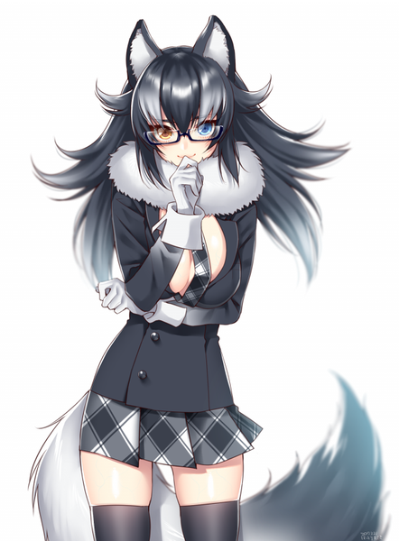 Anime picture 600x814 with kemono friends grey wolf (kemono friends) hattori (junoct2000) single long hair tall image looking at viewer blush fringe breasts blue eyes light erotic black hair simple background smile hair between eyes large breasts white background signed animal ears