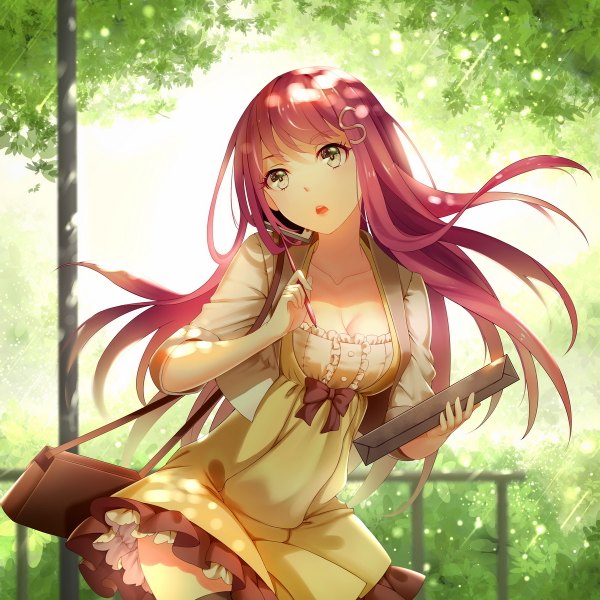 Anime picture 1200x1200 with original catcan single long hair open mouth yellow eyes looking away purple hair girl dress plant (plants) tree (trees) bag mobile phone smartphone pen