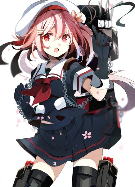 Anime picture 2507x3452 with kantai collection harusame destroyer fumiko (miruyuana) single long hair tall image looking at viewer highres open mouth simple background pink hair ponytail pink eyes girl gloves flower (flowers) black gloves boots thigh boots chain