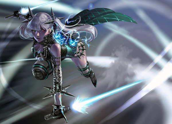 Anime picture 2000x1449 with cyphers trixie (cyphers) modare single long hair fringe highres breasts open mouth red eyes twintails holding green eyes grey hair heterochromia jumping dual wielding lightning girl thighhighs