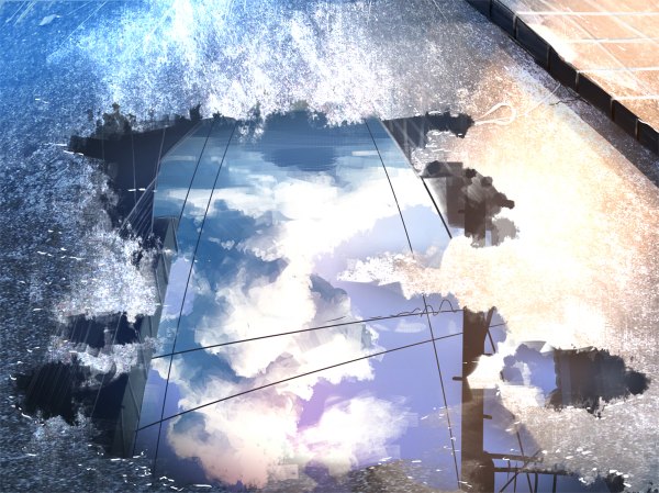Anime picture 1200x898 with original aratascape sky cloud (clouds) sunlight reflection no people building (buildings) power lines road