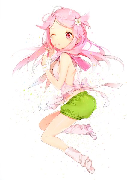 Anime picture 4916x6961 with fantasista doll shimeji (fantasista doll) anmi single long hair tall image looking at viewer blush highres simple background white background bare shoulders pink hair absurdres one eye closed pink eyes hair flower wink back finger to mouth