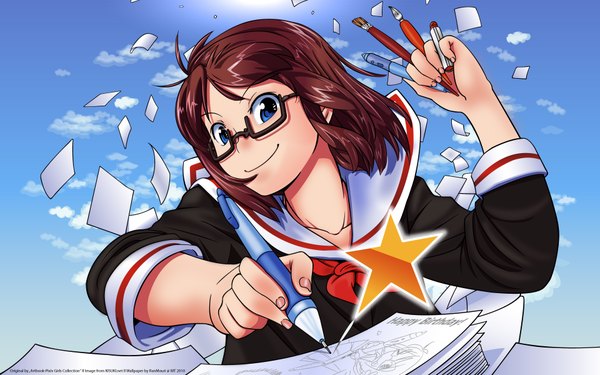 Anime picture 1920x1200 with highres short hair blue eyes smile brown hair wide image sky cloud (clouds) drawing uniform school uniform glasses star (stars) pen