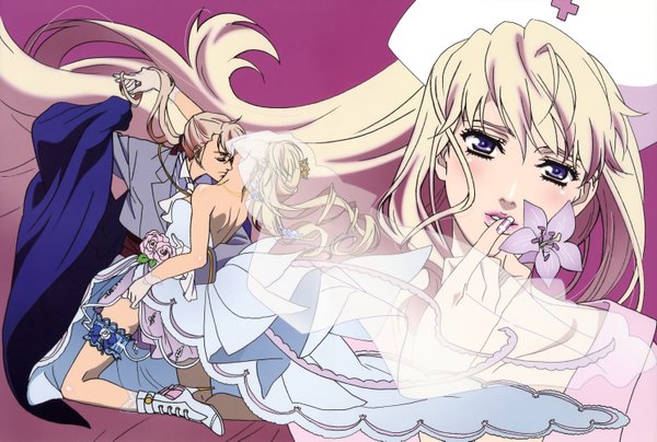 Anime picture 5952x4010 with macross macross frontier sheryl nome saotome alto long hair highres blue eyes blonde hair absurdres nail polish couple girl dress boy wedding dress