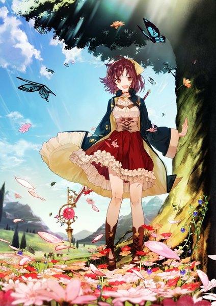 Anime picture 800x1131 with atelier (series) gust (company) sophie neuenmuller yuugen tall image looking at viewer fringe short hair open mouth brown hair standing holding brown eyes sky cloud (clouds) ahoge wind sunlight mountain lacing