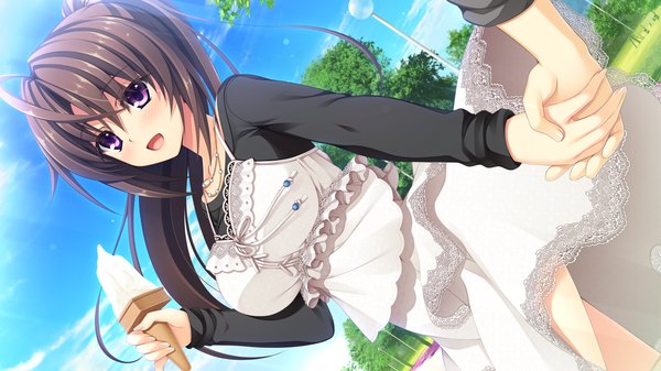 Anime picture 2194x1234 with pretty x cation 2 hibiki works ashiya suzuka long hair blush highres open mouth brown hair wide image purple eyes game cg holding hands girl dress food sweets ice cream