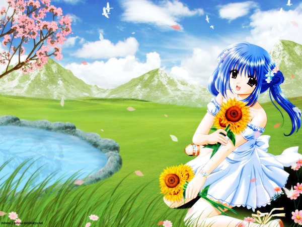 Anime picture 1600x1200 with lovely idol nagasawa rei nishimata aoi single long hair looking at viewer fringe open mouth sitting bare shoulders holding brown eyes payot blue hair sky cloud (clouds) outdoors hair flower wind sunlight