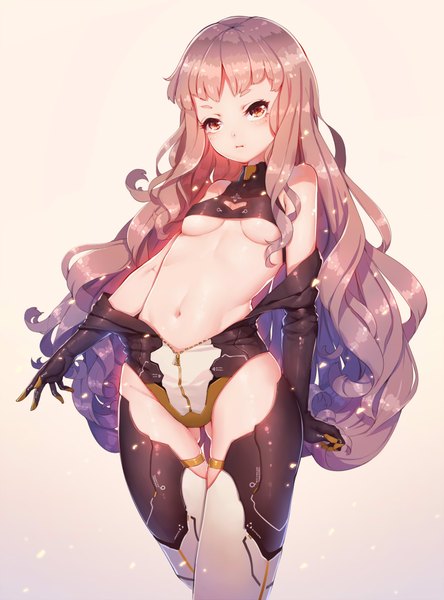 Anime picture 1500x2027 with original fangxiang cuoluan single long hair tall image blush fringe breasts light erotic red eyes standing looking away pink hair cleavage bare belly shiny skin crossed legs gradient background outstretched arm underboob