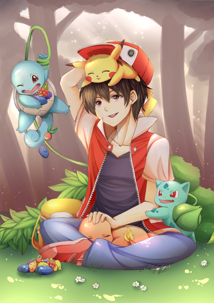 Anime picture 636x900 with pokemon nintendo pikachu red (pokemon) bulbasaur charmander squirtle sallynyan single tall image blush fringe short hair open mouth smile hair between eyes red eyes brown hair sitting looking away