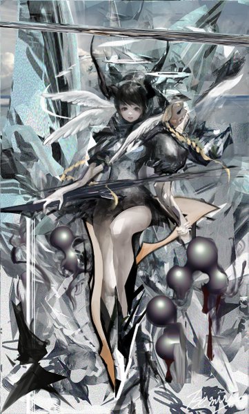 Anime picture 1461x2430 with original nanase miri single tall image looking at viewer fringe short hair breasts black hair horn (horns) black eyes midriff girl wings