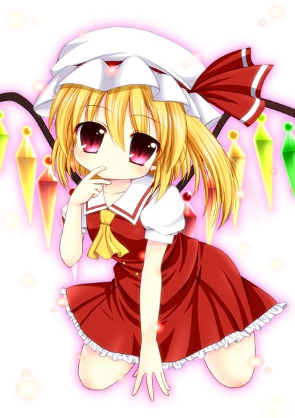 Anime picture 1748x2480 with touhou flandre scarlet asazuki kanai tall image highres short hair blonde hair red eyes loli one side up kneeling girl bow wings bonnet