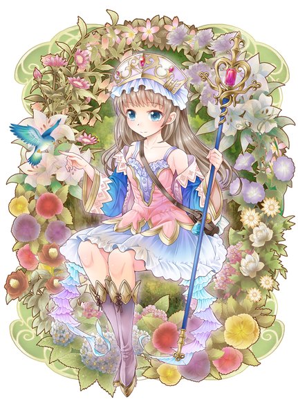 Anime picture 800x1114 with atelier (series) atelier totori gust (company) totooria helmold ratryu single long hair tall image blush blue eyes brown hair sitting bare shoulders girl flower (flowers) hat detached sleeves animal bird (birds) knee boots