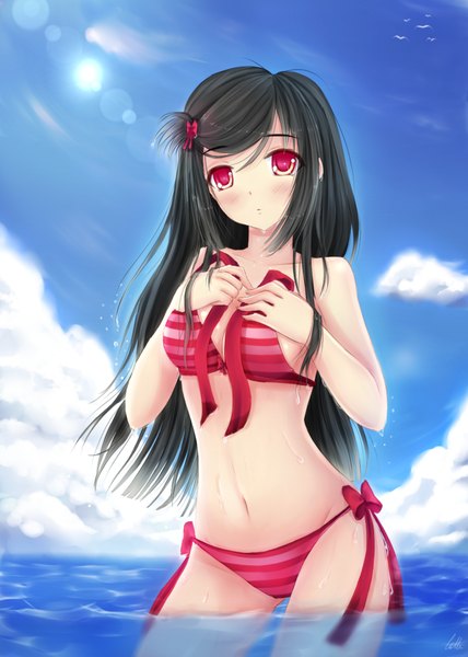 Anime picture 1000x1400 with original ximbixill single long hair tall image looking at viewer blush light erotic black hair red eyes bare shoulders sky cloud (clouds) untied girl navel swimsuit animal bikini water