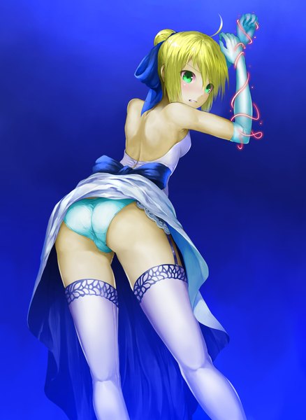 Anime picture 1212x1660 with fate (series) fate/stay night type-moon artoria pendragon (all) saber solru (tyappygain) single tall image looking at viewer blush short hair light erotic blonde hair bare shoulders ahoge ass hair bun (hair buns) magic dress lift restrained