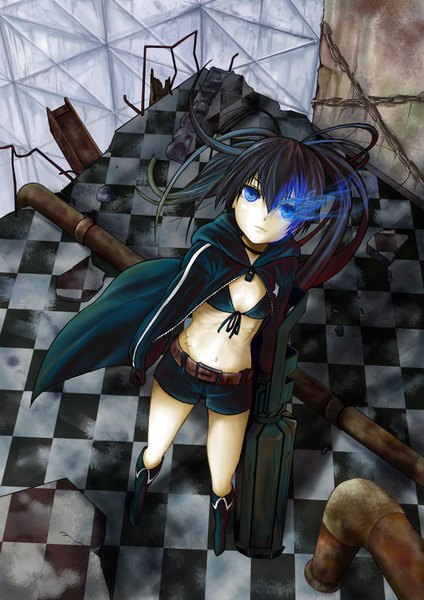 Anime picture 2480x3508 with black rock shooter black rock shooter (character) hopper long hair tall image highres blue eyes black hair glowing looking up glowing eye (eyes) checkered floor destruction girl navel shorts cloak bikini top