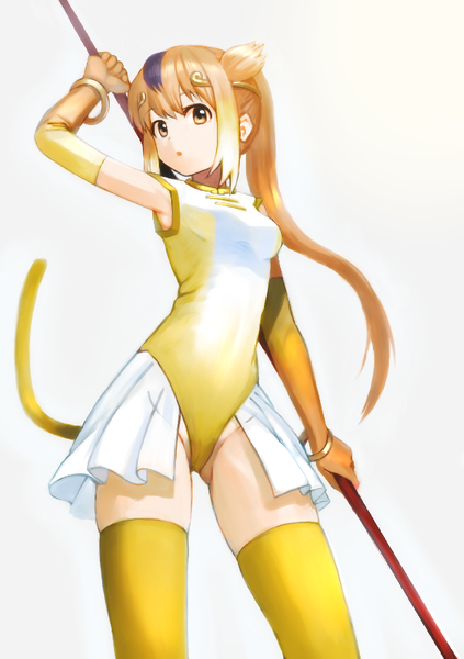 Anime picture 595x842 with kemono friends golden snub-nosed monkey (kemono friends) wasabi60 single long hair tall image light erotic simple background blonde hair white background animal ears payot ponytail tail animal tail :o orange eyes ass visible through thighs girl thighhighs
