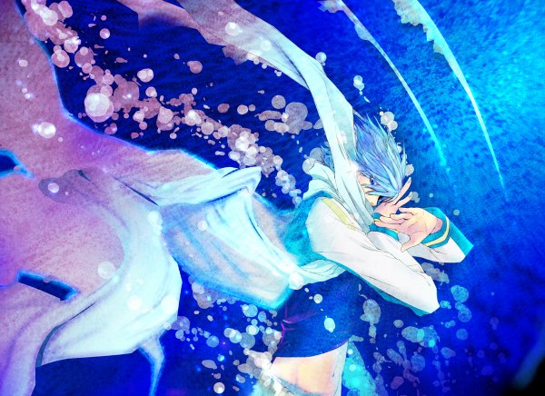 Anime picture 1200x872 with vocaloid kaito (vocaloid) nayu single short hair blue hair nail polish underwater boy water scarf bubble (bubbles)