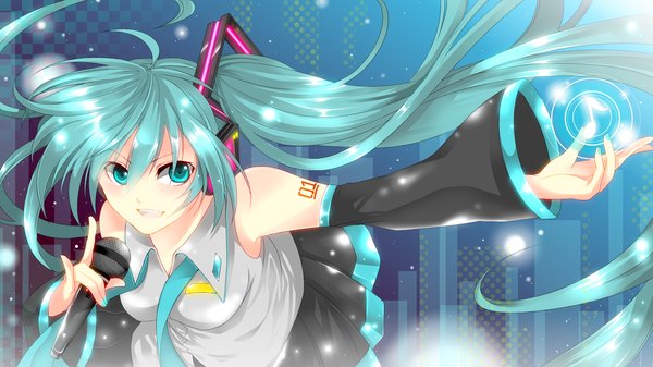 Anime picture 1920x1080 with vocaloid hatsune miku enrai single looking at viewer highres open mouth wide image twintails very long hair aqua eyes aqua hair girl skirt detached sleeves necktie microphone