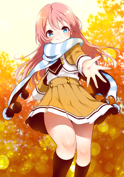 Anime picture 1050x1503 with original kisaragi mizu single long hair tall image looking at viewer blush fringe blue eyes smile pink hair bent knee (knees) from below spread arms outstretched hand autumn girl socks scarf black socks