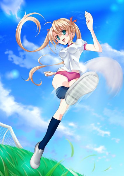 Anime picture 1240x1754 with kisaichi jin single long hair tall image blush blonde hair twintails sky cloud (clouds) aqua eyes happy playing sports football girl uniform plant (plants) socks black socks grass gym uniform