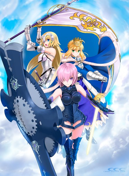 Anime picture 731x1000 with fate (series) fate/grand order fate/stay night fate/apocrypha artoria pendragon (all) saber jeanne d'arc (fate) (all) mash kyrielight jeanne d'arc (fate) shirotsumekusa long hair tall image looking at viewer fringe short hair breasts open mouth blue eyes light erotic blonde hair