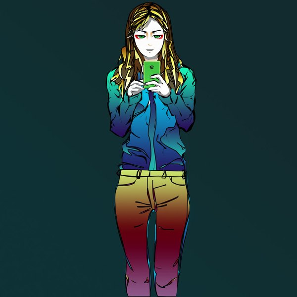 Anime picture 1000x1000 with original sota single long hair looking at viewer simple background brown hair standing green eyes multicolored hair two-tone hair eyeshadow makeup white skin girl shirt mobile phone smartphone jeans