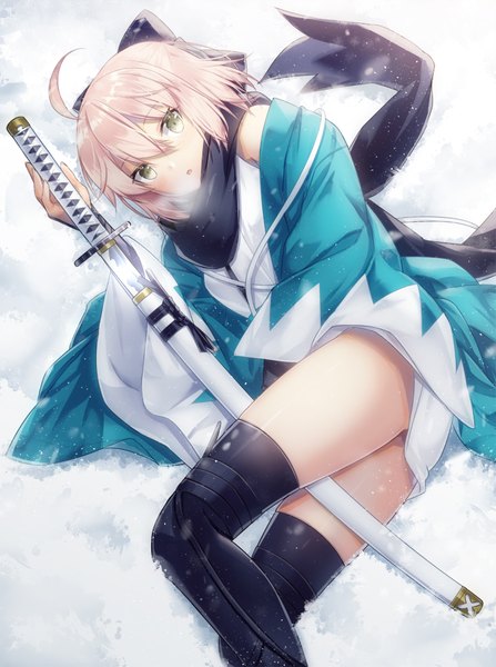 Anime picture 745x1000 with fate (series) fate/grand order okita souji (fate) (all) okita souji (koha-ace) keito (kazamatuli) single tall image looking at viewer blush fringe short hair open mouth light erotic blonde hair hair between eyes yellow eyes ahoge bent knee (knees) lying traditional clothes
