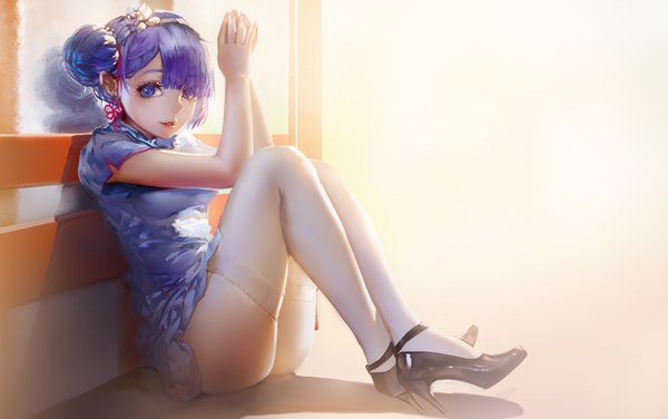 Anime picture 2015x1266 with re:zero kara hajimeru isekai seikatsu white fox rem (re:zero) blackrabbitsoul single looking at viewer fringe highres short hair blue eyes light erotic blue hair traditional clothes hair over one eye hair bun (hair buns) chinese clothes girl thighhighs hair ornament white thighhighs