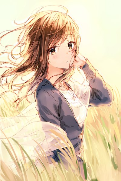Anime picture 1280x1920 with original hiten (hitenkei) single long hair tall image looking at viewer blush simple background brown hair brown eyes ahoge parted lips wind :o messy hair field girl cross cross necklace