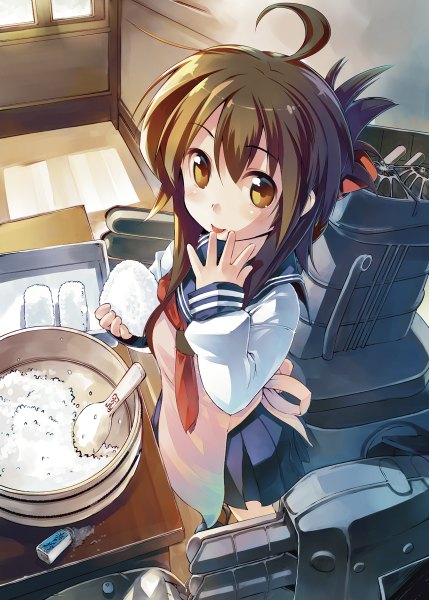 Anime picture 858x1200 with kantai collection inazuma destroyer nanaroku single long hair tall image looking at viewer blush brown hair brown eyes ahoge pleated skirt finger to mouth :p girl skirt food tongue apron sailor suit