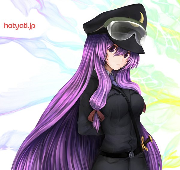 Anime picture 1000x943 with touhou patchouli knowledge hachachi single long hair looking at viewer purple eyes purple hair girl uniform bow weapon hair bow belt military uniform goggles peaked cap dagger
