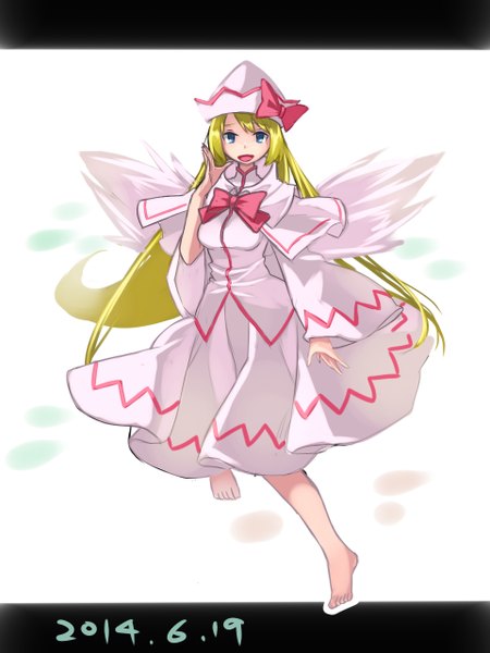 Anime picture 960x1280 with touhou lily white namauni single long hair tall image looking at viewer open mouth blue eyes simple background blonde hair white background barefoot white wings girl hat wings