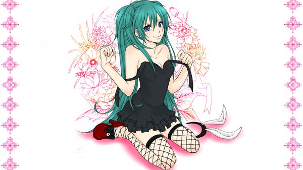 Anime picture 1440x810 with vocaloid hatsune miku karu (666) single blue eyes light erotic smile wide image sitting twintails bare shoulders very long hair aqua hair bunny ears girl thighhighs dress flower (flowers) shoes fishnet stockings