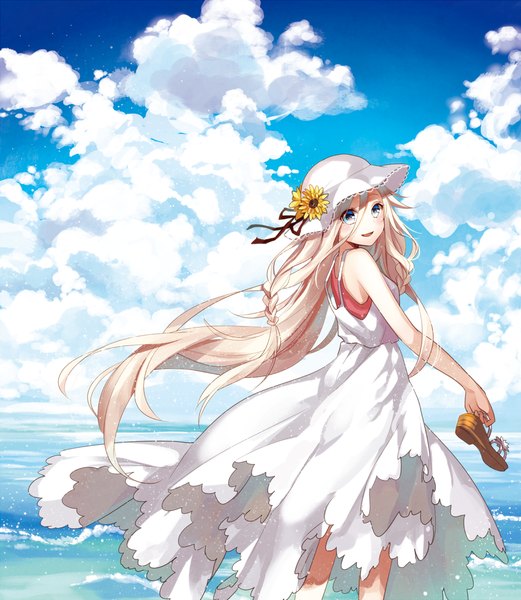 Anime picture 962x1107 with vocaloid ia (vocaloid) yuzuki kihiro single long hair tall image blush open mouth blue eyes blonde hair bare shoulders sky cloud (clouds) girl dress hat shoes white dress sea sandals