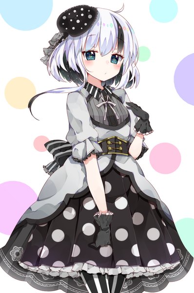 Anime picture 663x1000 with original polka-chan chico152 single tall image looking at viewer blush fringe short hair blue eyes black hair simple background standing purple hair ahoge multicolored hair two-tone hair short sleeves embarrassed streaked hair