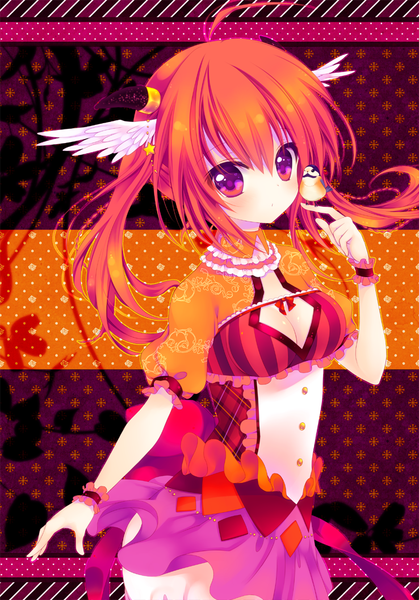 Anime picture 738x1057 with original konno kengo single long hair tall image blush twintails ahoge horn (horns) orange hair head wings multicolored eyes girl skirt animal wings bird (birds)