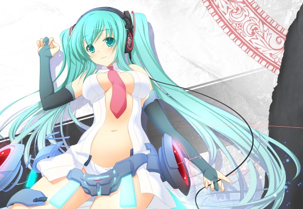 Anime picture 1200x828 with vocaloid vocaloid append hatsune miku hatsune miku (append) 47agdragon single long hair breasts light erotic smile twintails aqua eyes aqua hair girl detached sleeves necktie headphones wire (wires)